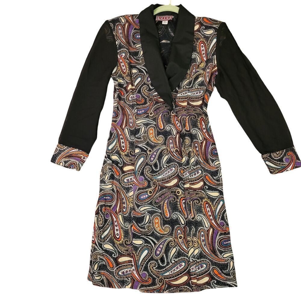 Vintage Vivi Womens Paisley Button Down Dress S Black Shawl Neck Sheer Sleeve